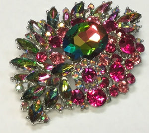 SILVER BROOCH WITH GREEN AB AND FUCHSIA STONES ( 06399 )