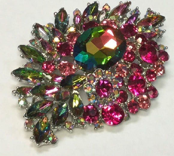 SILVER BROOCH WITH GREEN AB AND FUCHSIA STONES ( 06399 )