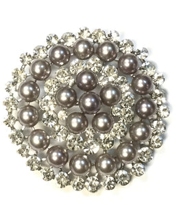 2.5" Round GREY Pearl and Clear Rhinestone Silver Setting Brooch Pin ( 06670 )