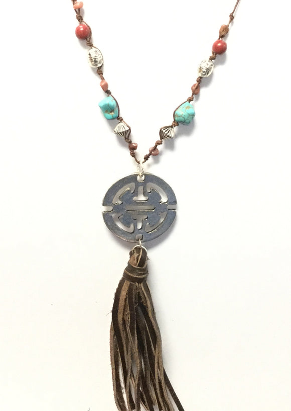 LONG BROWN LEATHER TASSEL NECKLACE ( 106 )
