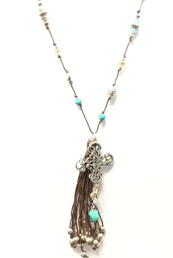 LONG BROWN LEATHER TASSEL CROSS NECKLACE SILVER ( 307S )