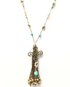 LONG BROWN LEATHER TASSEL CROSS NECKLACE GOLD ( 307G )
