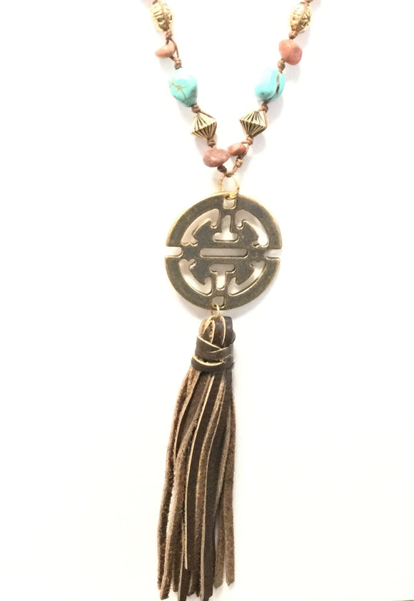 LONG BROWN LEATHER TASSEL NECKLACE GOLD ( 106 )