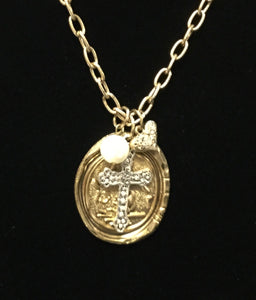 GOLD NECKLACE WITH CROSS PEARL ROMAN COIN ( 36002 )