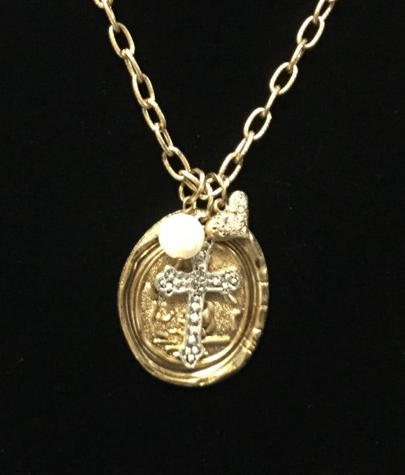 GOLD NECKLACE WITH CROSS PEARL ROMAN COIN ( 36002 )