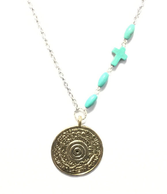 LONG SILVER NECKLACE WITH TURQUOISE CROSS ( 357 )