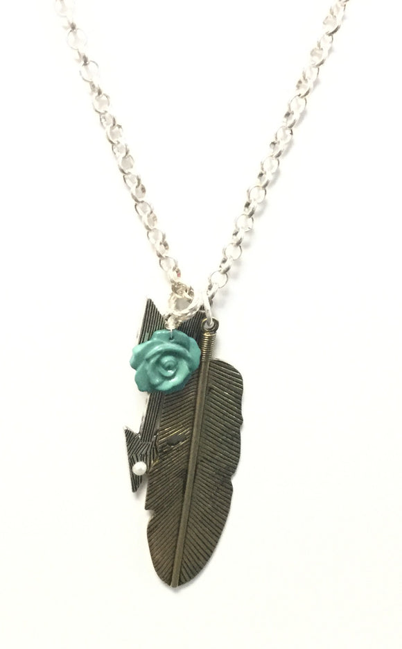 SILVER NECKLACE WITH LEAF AND TURQUOISE PIECES ( 245 )