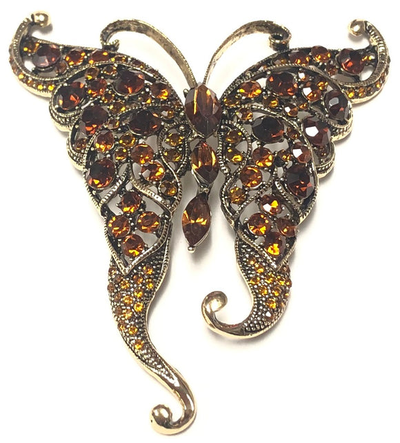 GOLD BUTTERFLY BROOCH BROWN AMBER STONES ( 06735 GBR )
