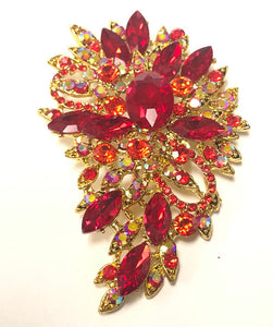 3.25" Gold RED Rhinestone Brooch Pin ( 1246 GRD )