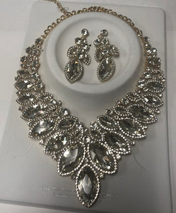 GOLD CLEAR 2 Line Marquise Rhinestone Formal Evening Necklace Earrings ( 0059 2C )