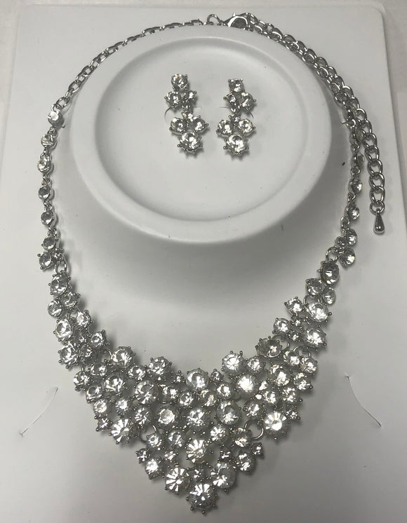 SILVER NECKLACE SET CLEAR STONES ( 01431 SCL )