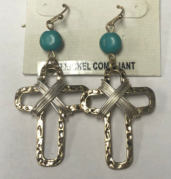 GOLD CROSS EARRINGS TURQUOISE STONE ( 415 1 )