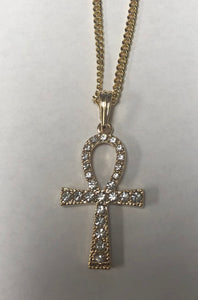 GOLD NECKLACE ANKH PENDANT CLEAR STONES ( 308 )