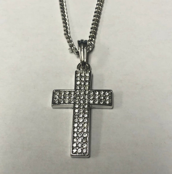 SILVER NECKLACE CROSS PENDANT CLEAR STONES ( 136 S )