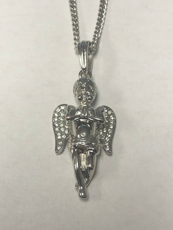 SILVER NECKLACE BABY ANGEL PENDANT CLEAR STONES ( 10 )