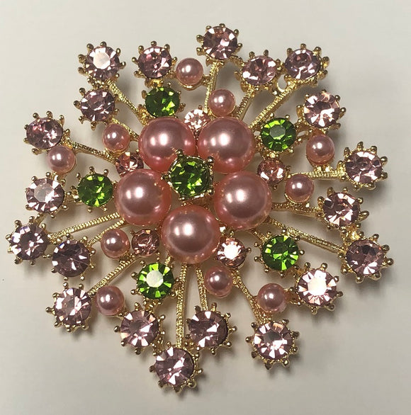 GOLD PINK GREEN PEARL FLORAL BROOCH ( 1311 PNG )