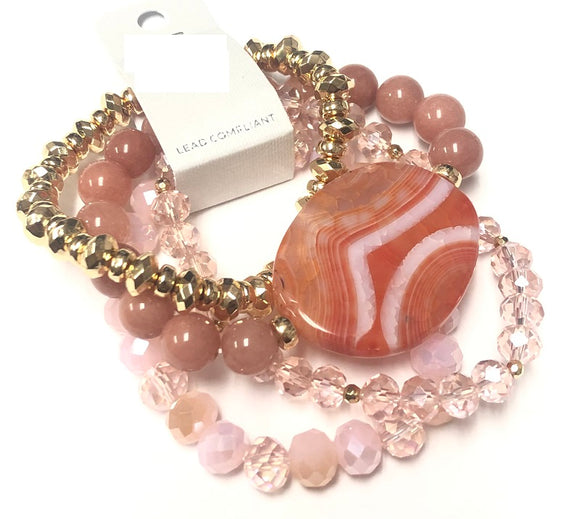 GOLD PINK BEAD STONE STRETCH BRACELETS (JB 0276GLPNK)