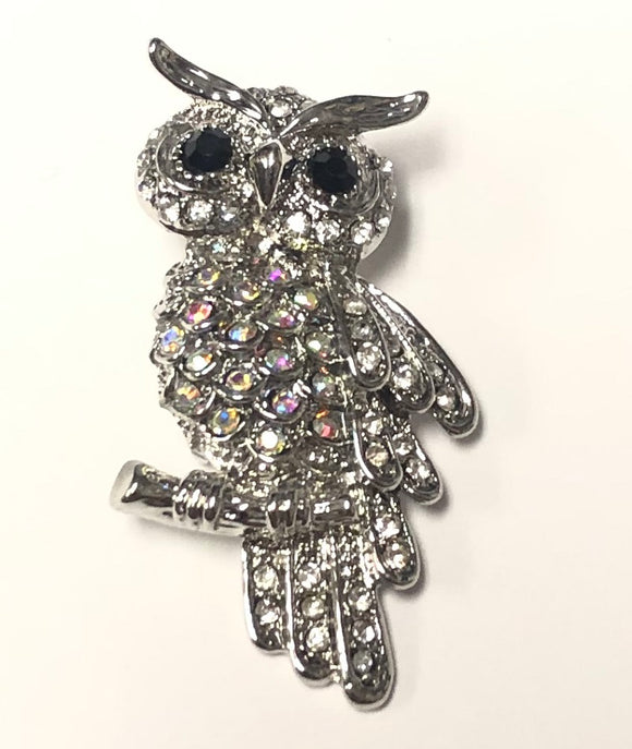 SILVER OWL BROOCH AB STONES ( OM 29890 )