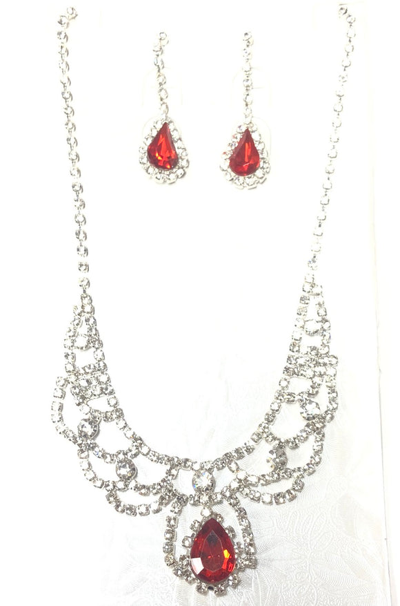 SILVER NECKLACE SET CLEAR RED STONES ( 1180 SVRE )
