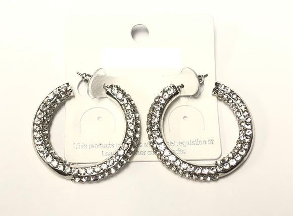 SILVER HOOP EARRINGS CLEAR STONES ( 0273 3C )