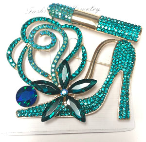 GOLD SHOE FLOWER BROOCH BLUE GREEN STONES ( 1457 EM )