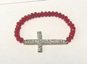 RED STRETCH BRACELET CROSS CLEAR STONES ( 1077 GDRED )