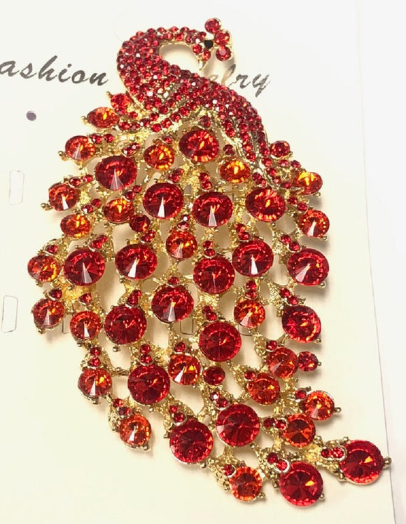 GOLD RED Rhinestone Large Peacock Brooch ( 06750 GRD )