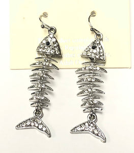 SILVER FISH BONES EARRINGS CLEAR STONES ( 1329 RCR )