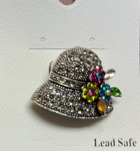 SILVER HAT BROOCH MULTI COLOR STONES ( 06687 S )