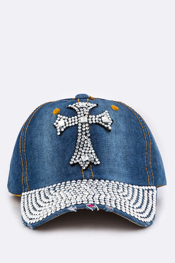 Denim Hat with Cross Design and Clear Rhinestones on the Bill ( 8607 )