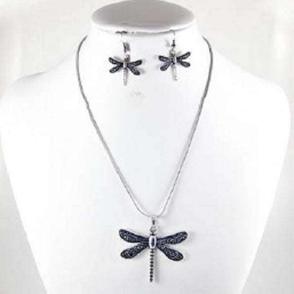 Burnish Silver Dragonfly Pendant Necklace with Matching Dangling Earrings