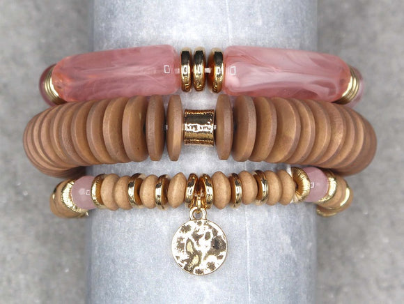 BROWN PINK WOOD STONE STRETCH BRACELETS ( 0397 GLPNK )