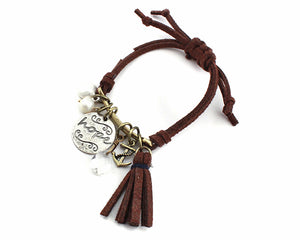 Brown Leather Adjustable Bracelet with Silver "hope" Charm ( 0635 )