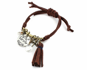 Brown Leather Adjustable Bracelet with Silver "love" Charm ( 0636 )