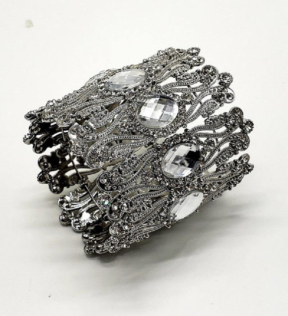 SILVER CUFF BRACELET CLEAR STONES ( 10006 R ) - Ohmyjewelry.com