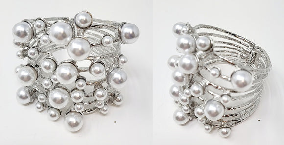 LARGE SILVER BANGLE WHITE PEARLS ( 10038 )
