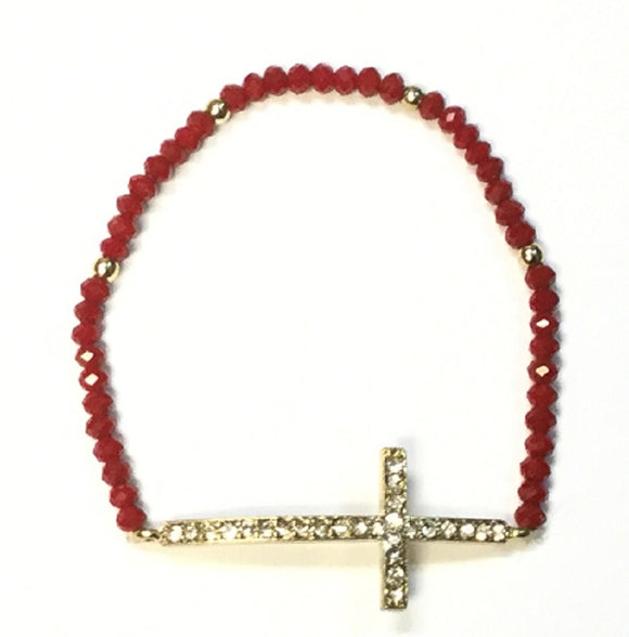 RED CRYSTAL BEADED STRETCH BRACELET WITH GOLD RHINESTONE CROSS ( 3839 )