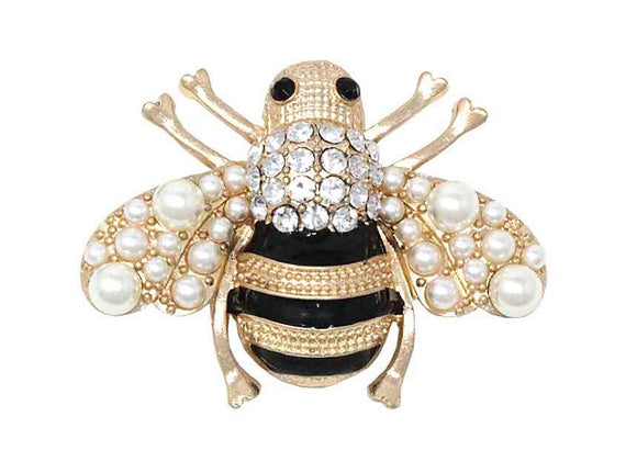 Black and Gold Crystal and Cream Pearl Bee Brooch