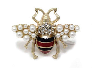 1 3/4" Black, Red, and Gold Crystal and Cream Pearl Bee Brooch ( 010 ) - Ohmyjewelry.com