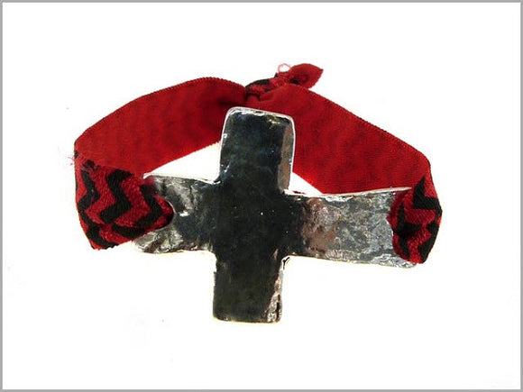 Red and Black Fabric Bracelet with Silver Cross Charm