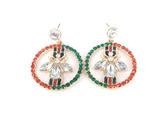 GOLD METAL BEE EARRINGS RED GREEN CLEAR STONES