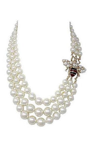 3 Layer Cream Pearl Beaded Necklace Set with Red and Black Bee with Gold Accents ( 2093 ) - Ohmyjewelry.com