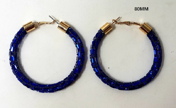 80mm GOLD ROYAL BLUE STONES HOOP EARRINGS ( 10076 GRB )