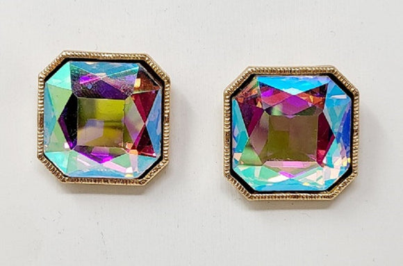 GOLD OCTAGON SHAPE EARRINGS AB COLOR STONES