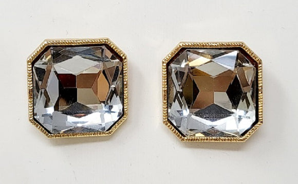 GOLD OCTAGON SHAPE EARRINGS CLEAR COLOR STONES