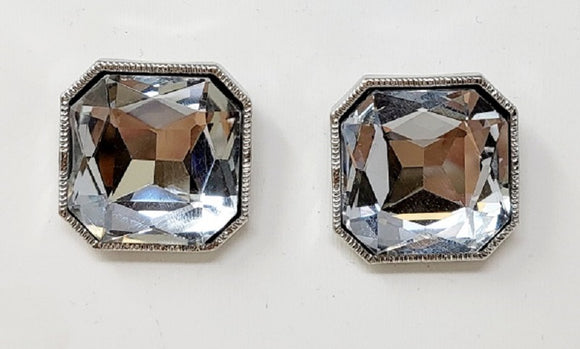 SILVER OCTAGON SHAPE EARRINGS CLEAR COLOR STONES