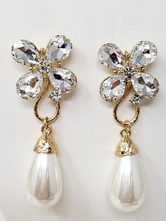 GOLD EARRINGS CLEAR STONES CREAM PEARLS ( 10100 )