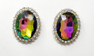 GOLD OVAL EARRINGS AB VITRAIL OIL SPILL COLOR STONES ( 10117 GGT )