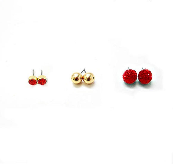 3 Piece Red & Gold Earring Set 8mm 10mm 12mm ( 1103 )