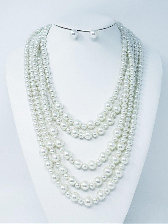 5 LAYER SILVER WHITE PEARL NECKLACE SET ( 10173 RWH ) - Ohmyjewelry.com